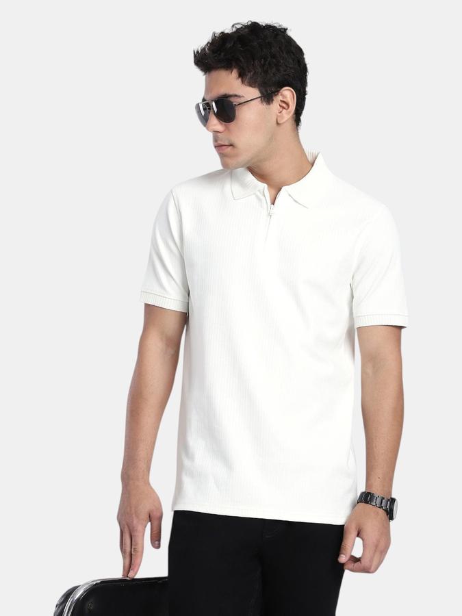 R&B Off White Textured Men Short Sleeve Polo T-shirt