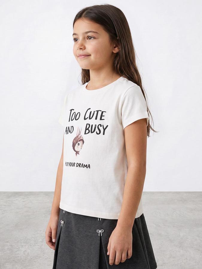 R&B Girls White Graphic Print Short Sleeves Round Neck Pure Cotton T-Shirt