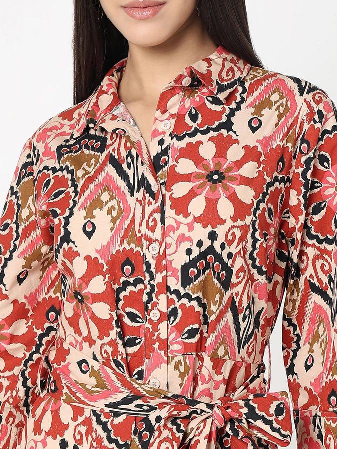 R&B Women Red Paisley Long Sleeves Shirt Collar Maxi Shirt Dress