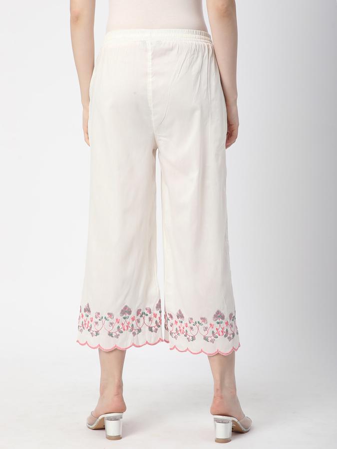 Women Cotton Blend Culottes Drawstring Embroidered Trousers