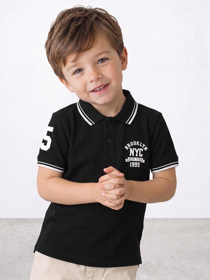 R&B Boys Black Typographic Print Short Sleeves Tipping Polo Collar Tshirt