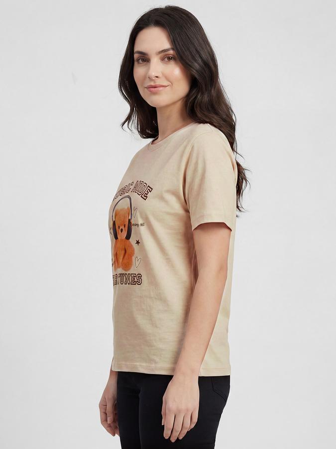 R&B Beige Graphic Print Women Round Neck Regular Fit Short Sleeves T-Shirt 