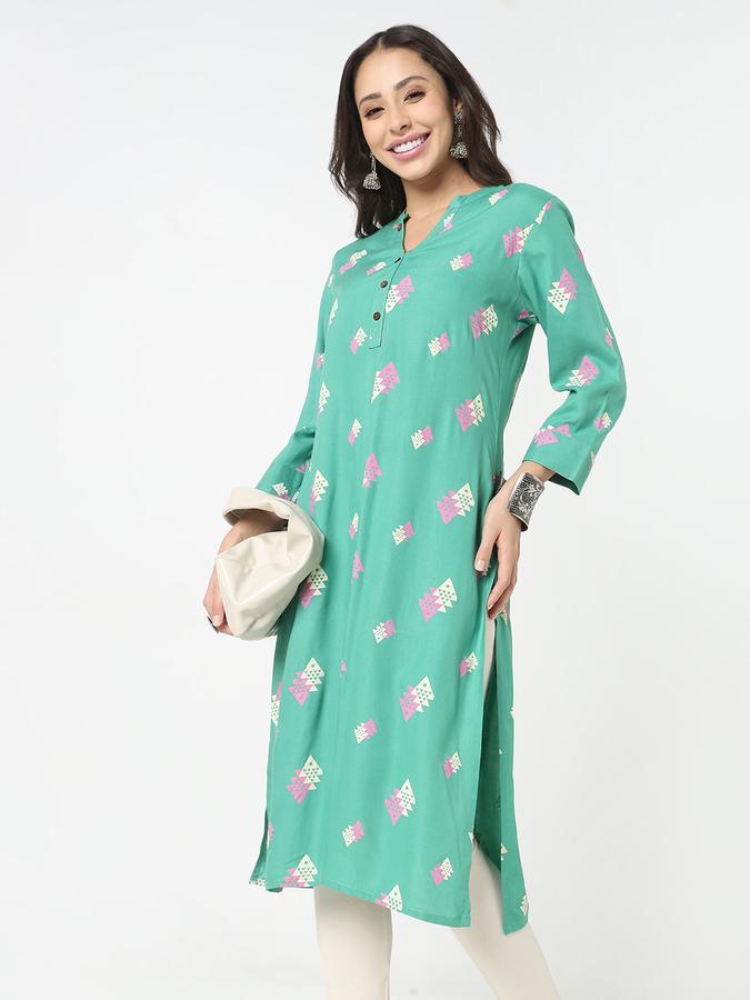 Women's regular fit casual  geometric printed mandarin collar straight kurta with 3/4th sleeves 