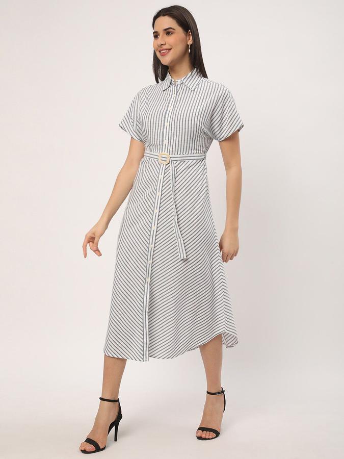 R&B Women Blue Striped Short Sleeve Shirt Collar Midi Shirt Dress