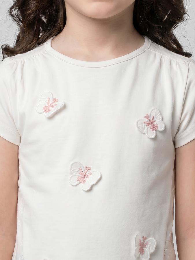 R&B White Self Design Girls Round Neck Regular Fit Short Sleeves T-Shirt 