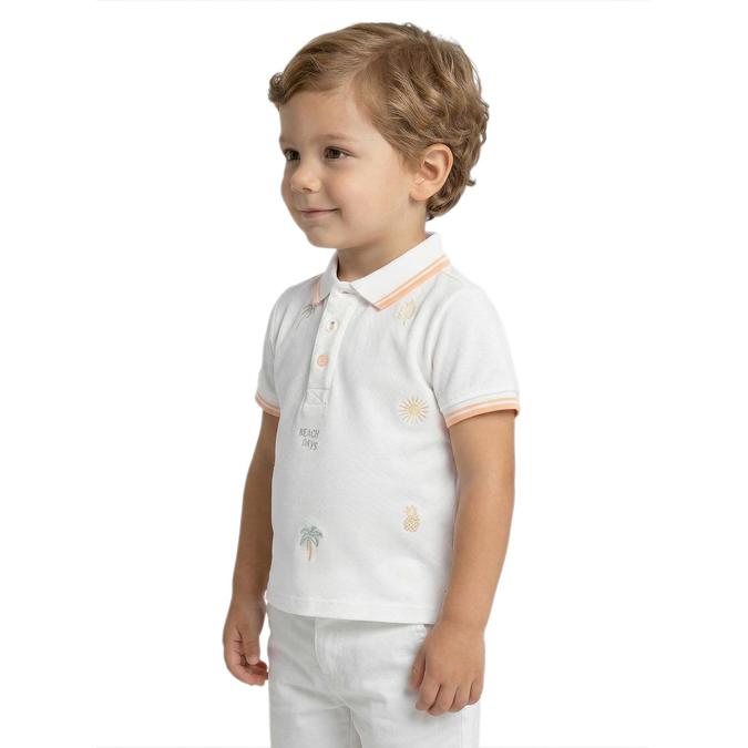 R&B Boy White Cotton Printed Polo Collar T-Shirt