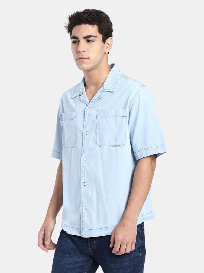 R&B  Blue Solid Men Short Sleeves Relaxed Fit Shirts