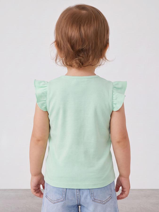 R&B Girls Green Graphic Print Short Sleeves Round Neck Pure Cotton T-Shirt