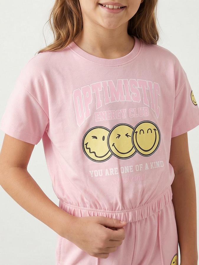 R&B Girls Pink Printed Short Sleeves Round Neck Sweatshirt& Trousers Set 