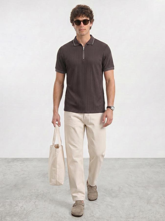 R&B Men Brown Ribbed Short Sleeves Polo Tshirt