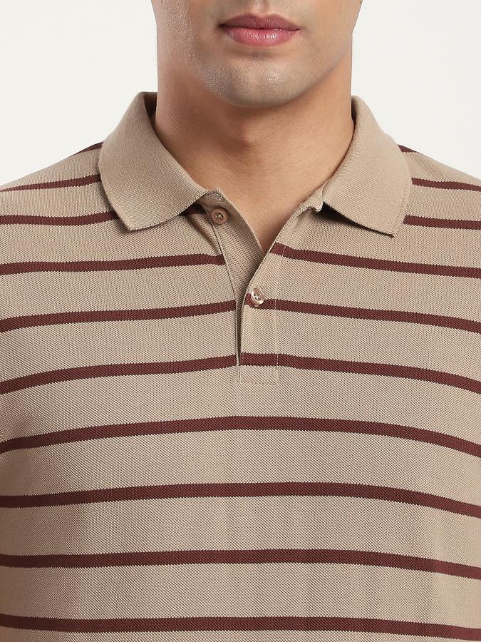 Men Cotton Blend Regular Fit Polo Neck Striped T-shirt
