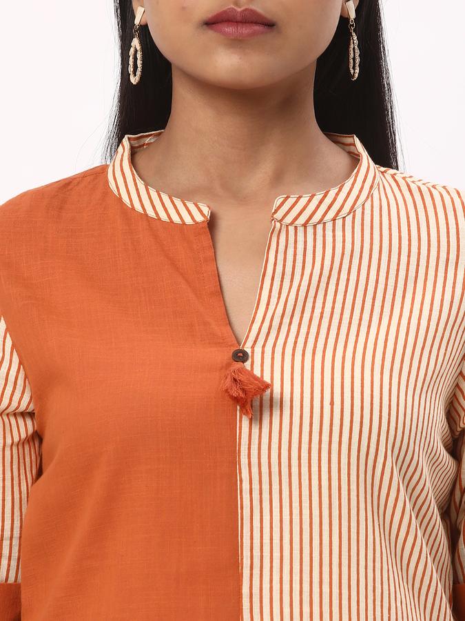 Women Cotton Flax Straight Fit Mandarin Collar Stripes Kurta