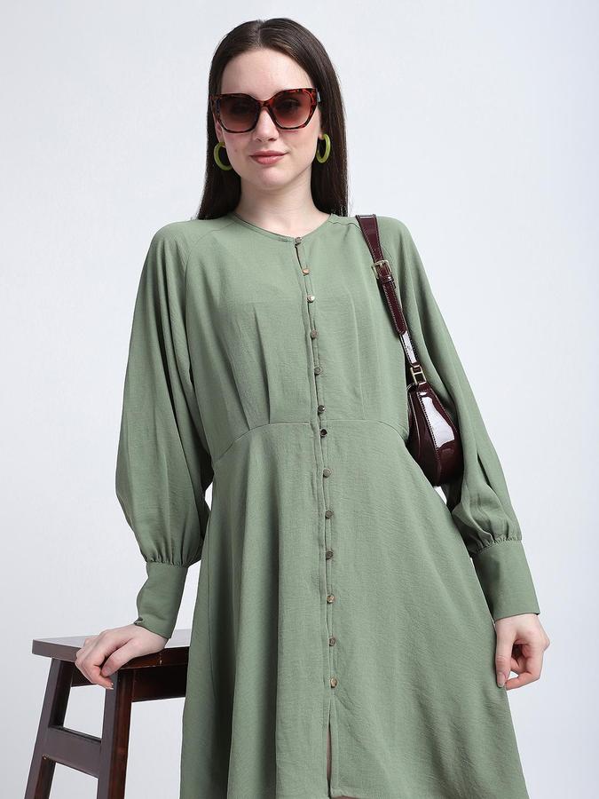 R&B Women Green V Neck Full Cuffed Sleeve Pure Polyster A-Line Mini Dress