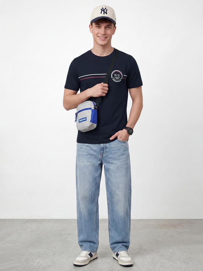 R&B Men's Navy Blue Short Sleeves Round Neck Graphic Print T-Shirt