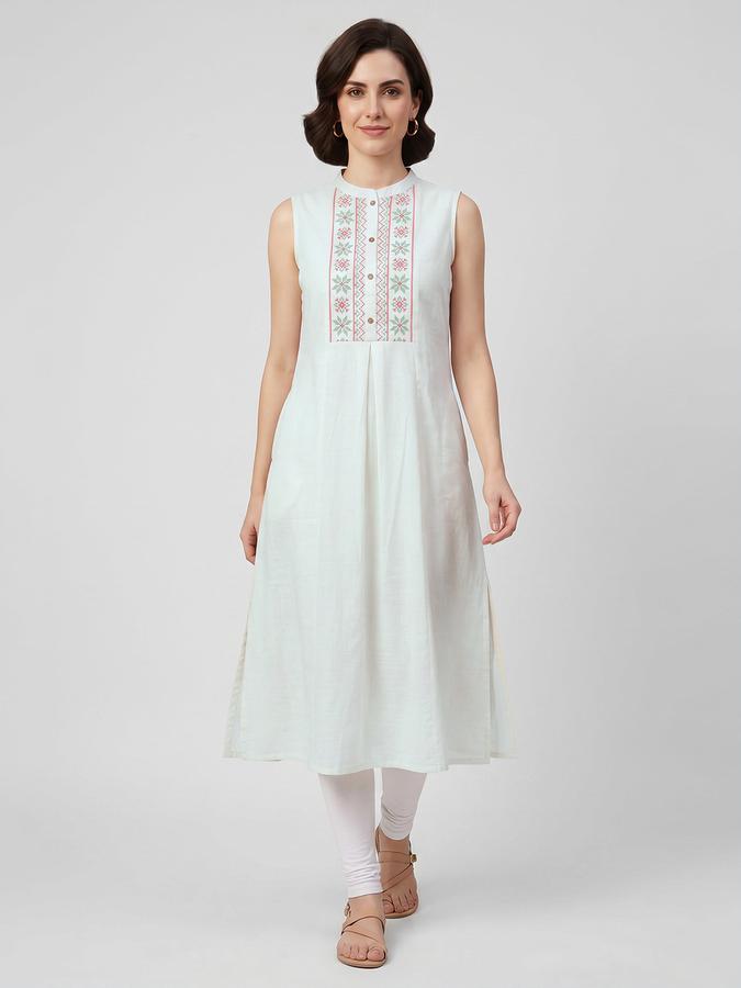 R&B Off White Embroidered Women Sleeveless Mandarin Collar Kurta