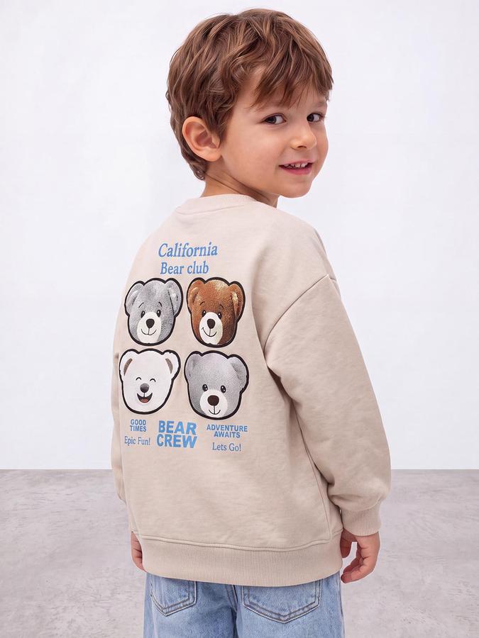 R&B Boys Beige Front & Back Teddy Print Round Neck Long Sleeves Regular Fit Sweatshirt