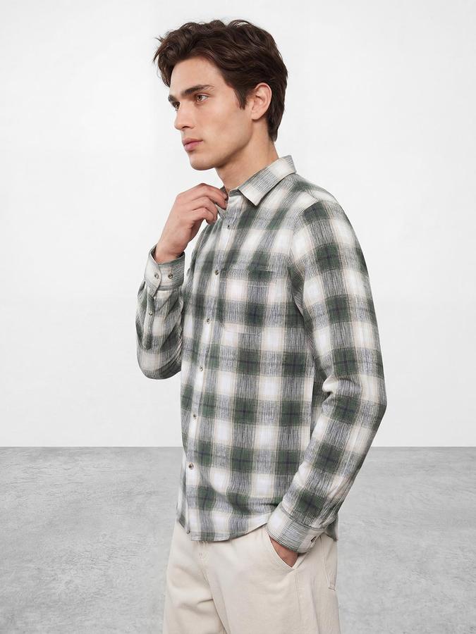 R&B Men Olive Windowpane Checks Spread Collar Long Sleeves Regular Fit Shirt