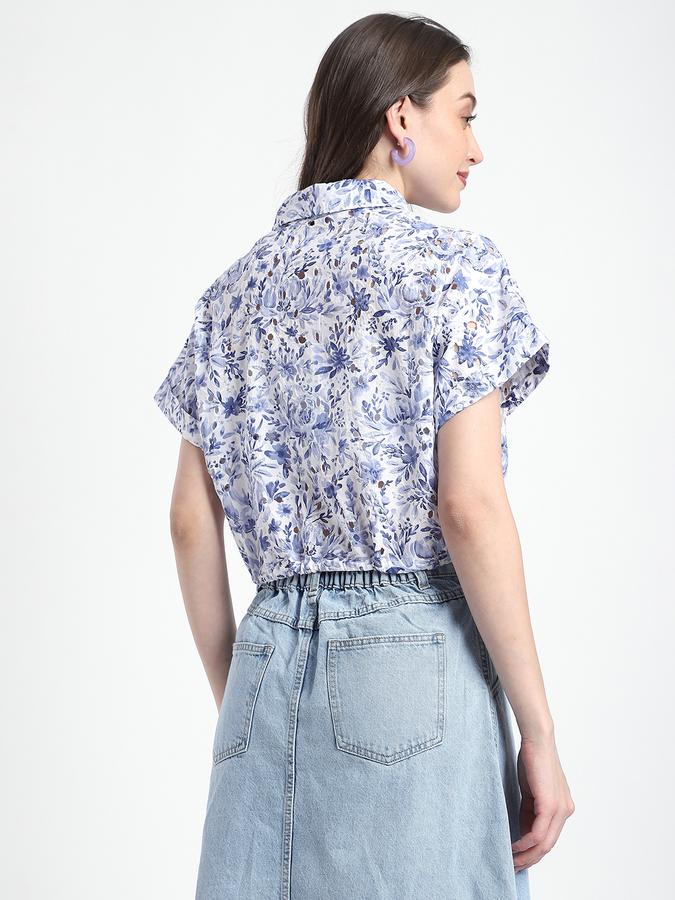 R&B Women Blue Floral Print Tie-Front Cropped Shirt