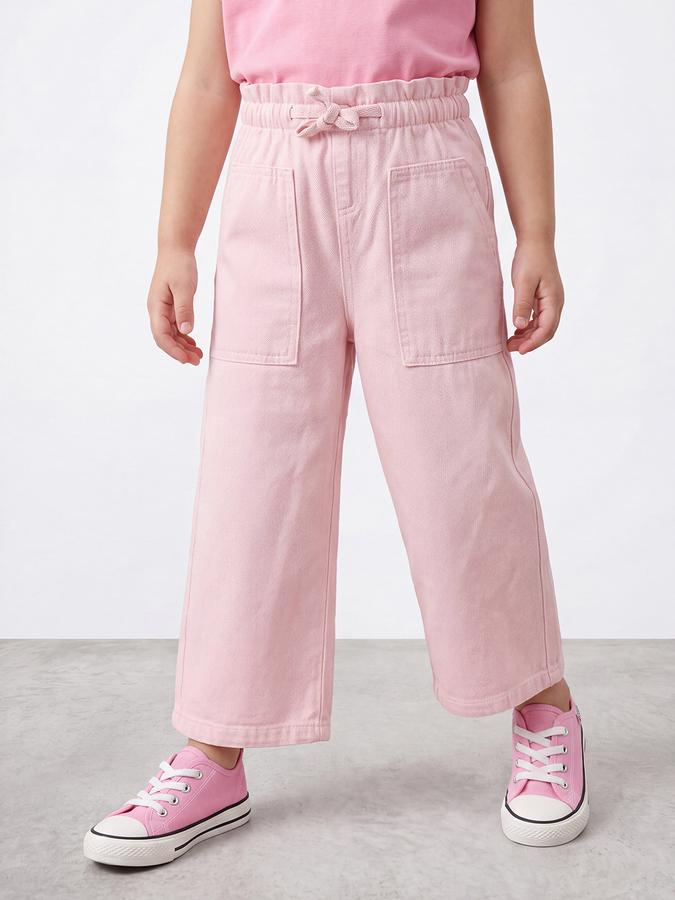R&B Girls Pink Solid Pure Cotton Wide Leg Mid Rise Trousers