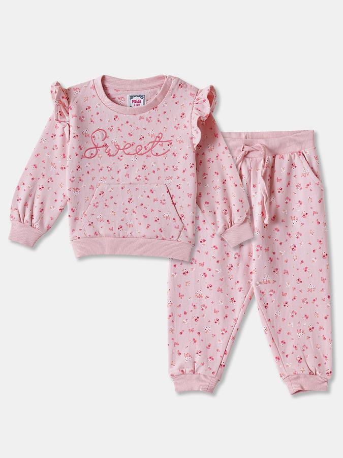 Girls Cotton Floral Ruffled Sweatshirt and Trousers Set