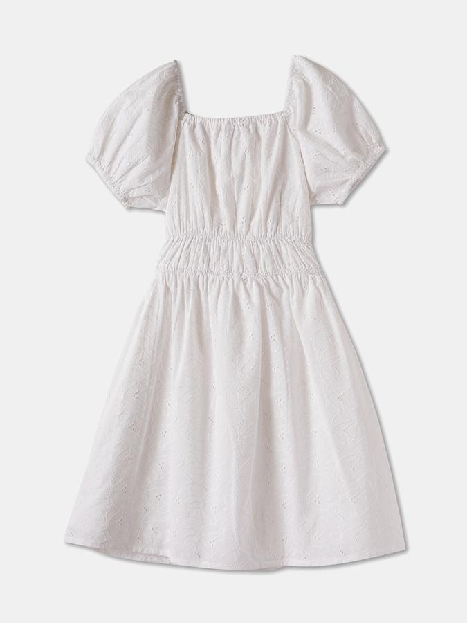 Girls Textured Puff Sleeve Square Neck Knee Length Dress