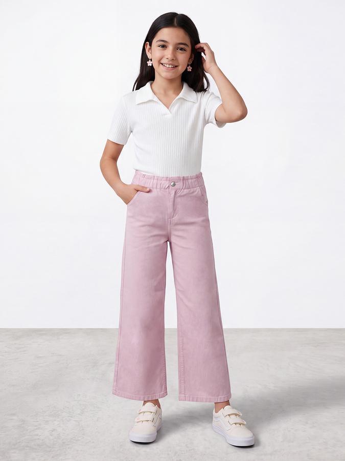 R&B Girls Pink Solid Wide Leg Mid Rise Trousers