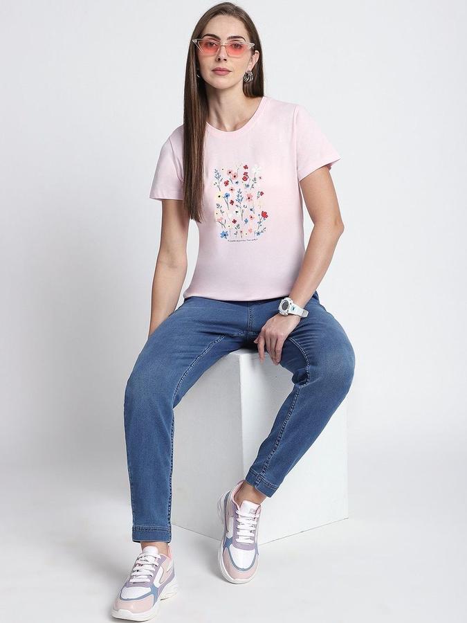R&B Womens Light Pink Floral Print Round Neck Short Sleeves T-shirt