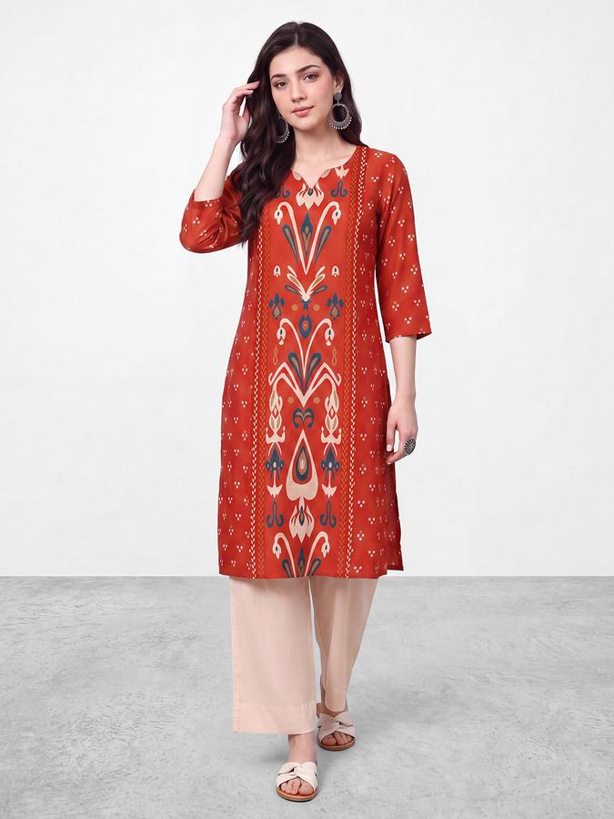 R&B Womens Orange Three-Quarter Sleeves Round Neck Floral Printed Straight Kurta