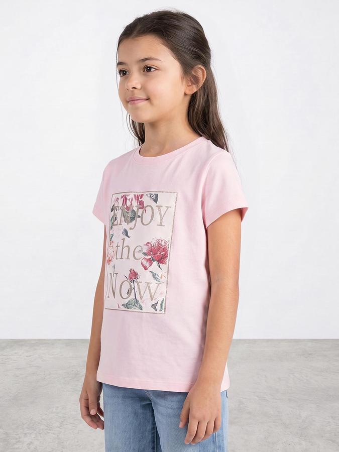 R&B Girls Pink Glitter Graphic Print Short Sleeves Round Neck Pure Cotton T-Shirt