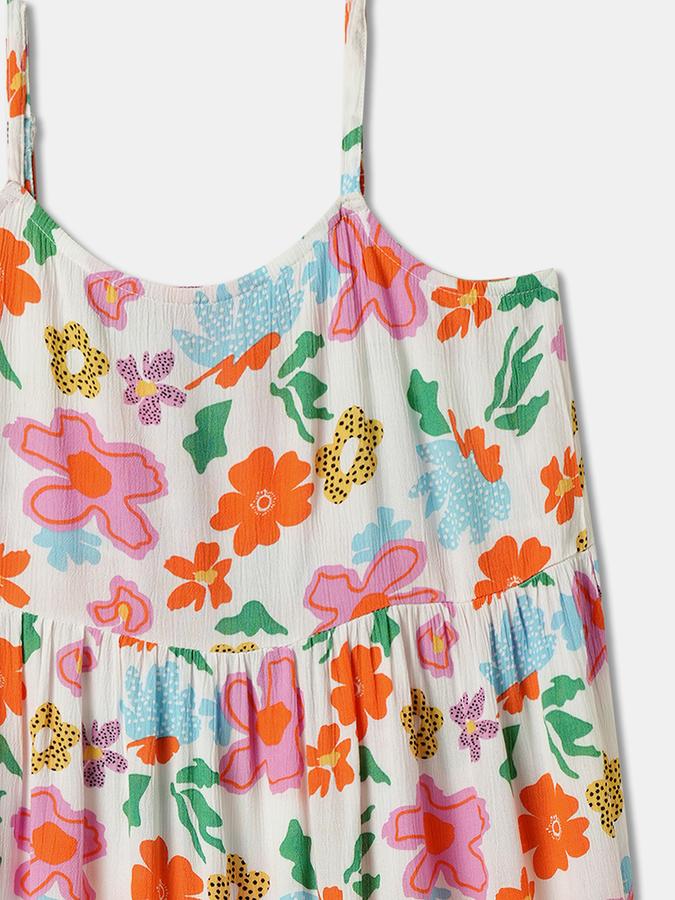Girls Floral Tiered Sleeveless Shoulder Straps A-Line Dress