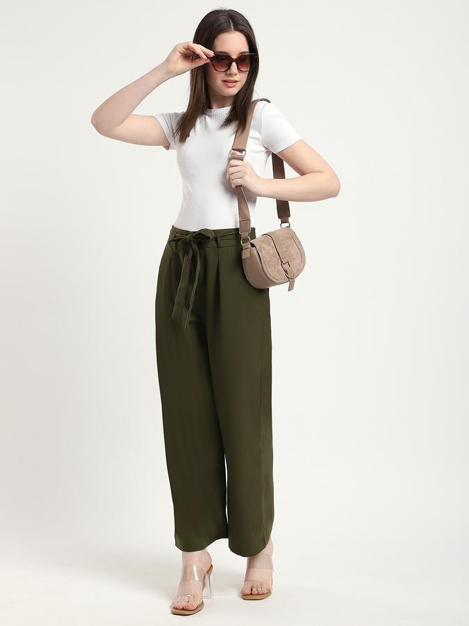 R&B Women Olive Solid Wide-Leg Trousers