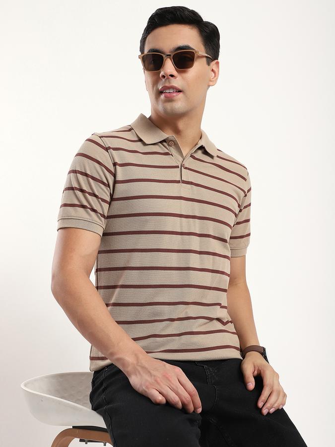 Men Cotton Blend Regular Fit Polo Neck Striped T-shirt