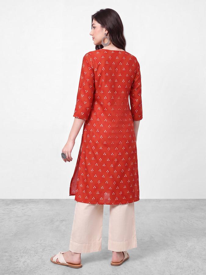 R&B Womens Orange Three-Quarter Sleeves Round Neck Floral Printed Straight Kurta