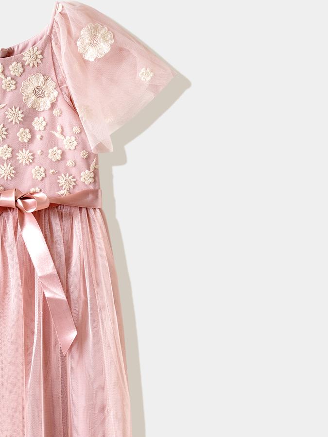 Girls Tulle Fit And Flare Round Neck Ruffled Dress