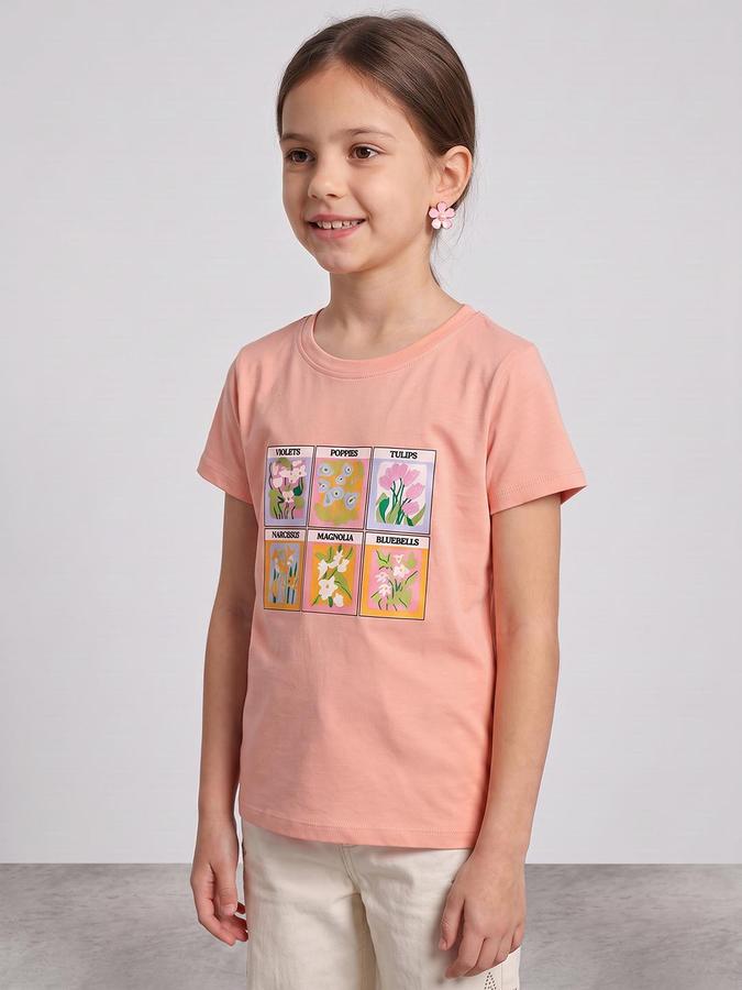 R&B Girls Peach Graphic Print Short Sleeves Round Neck Pure Cotton T-Shirt