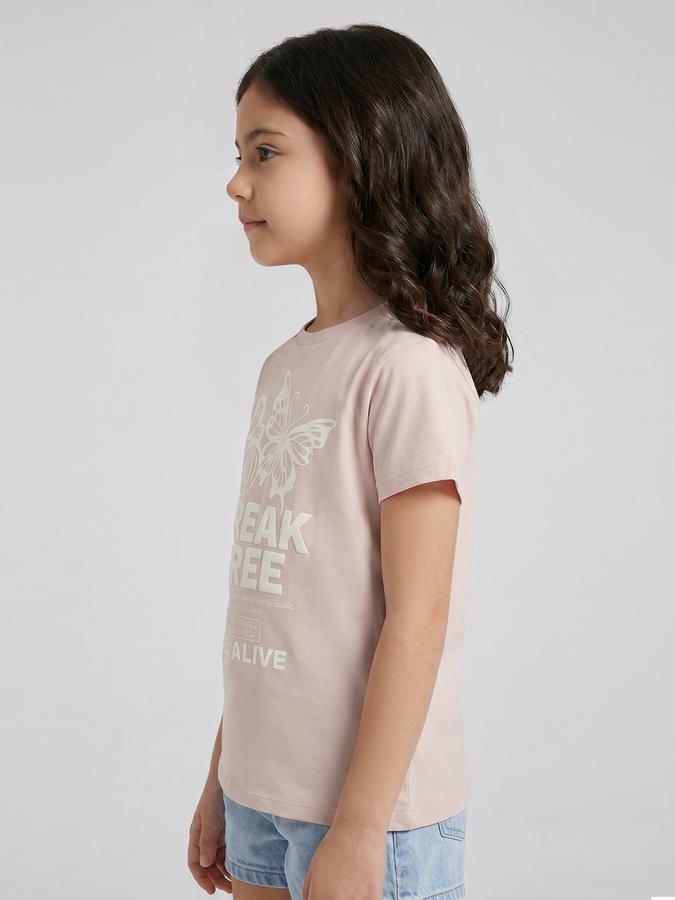 R&B Peach Graphic Print Girls Round Neck Regular Fit Short Sleeves T-Shirt 