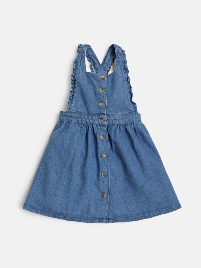 Girls Denim Regular Fit Ruffled Straps Buttoned Hem Dungaree