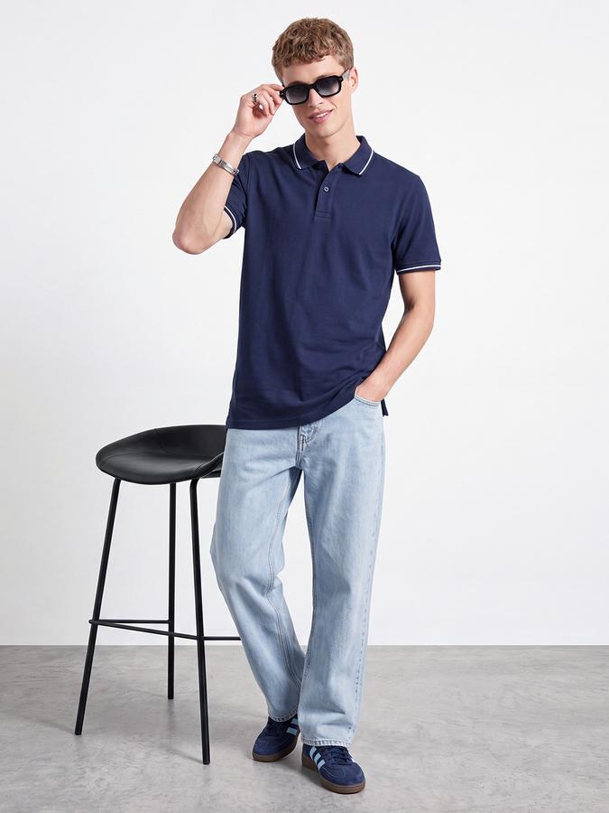 R&B Men Blue Solid Short Sleeves Tipping Polo Collar Tshirt