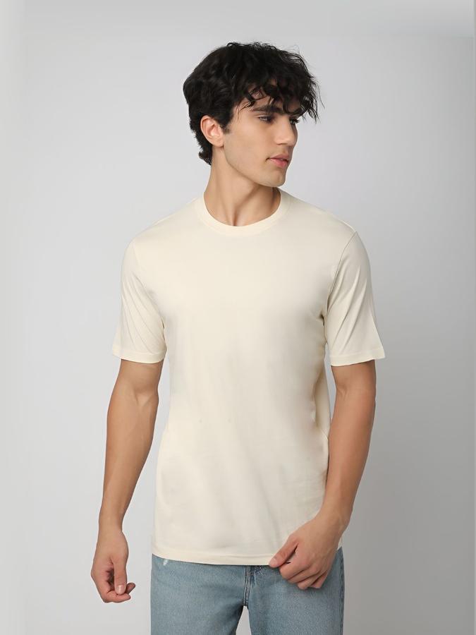 R&B Mens Cream Solid Round Neck Short Sleeves T-shirt