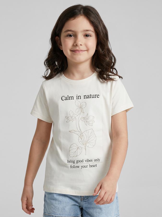R&B White Graphic Print Girls Round Neck Regular Fit Short Sleeves T-Shirt 