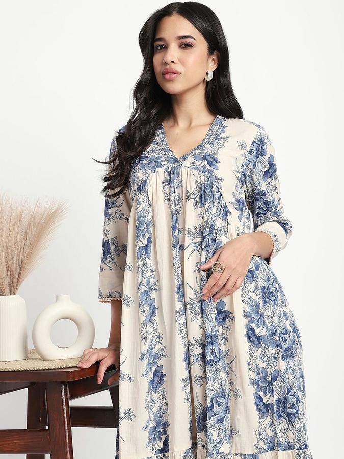 R&B Women Off White Floral Three-Quarter Sleeves V-Neck Midi A-Line Ethnic Dress