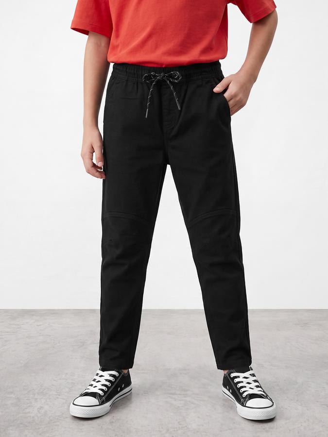 R&B Boys Black Solid Regular Fit Mid Rise Trousers