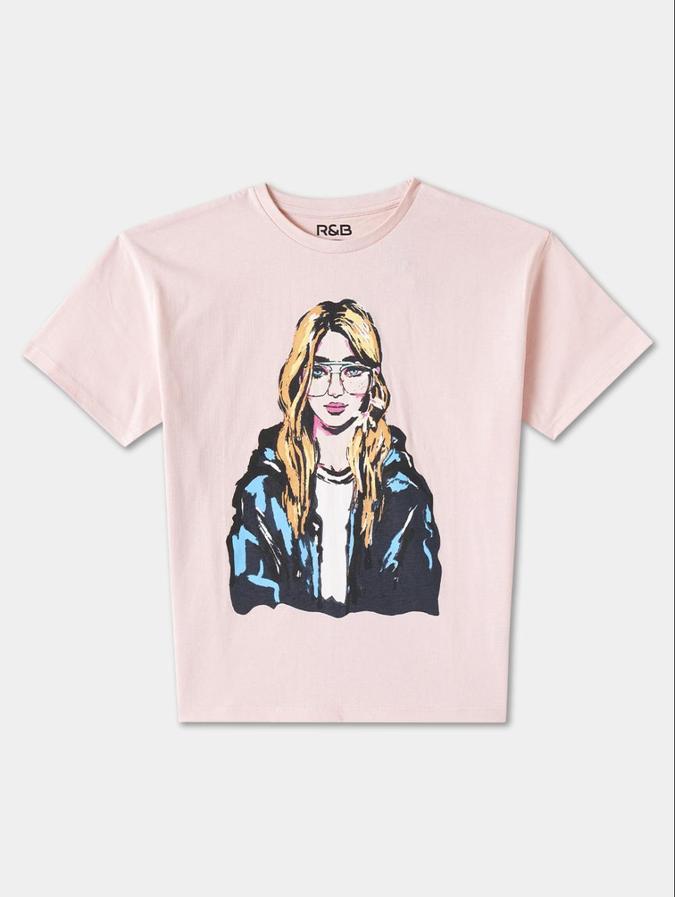 R&B Pink Cotton Round Neck Printed Girl T-Shirt
