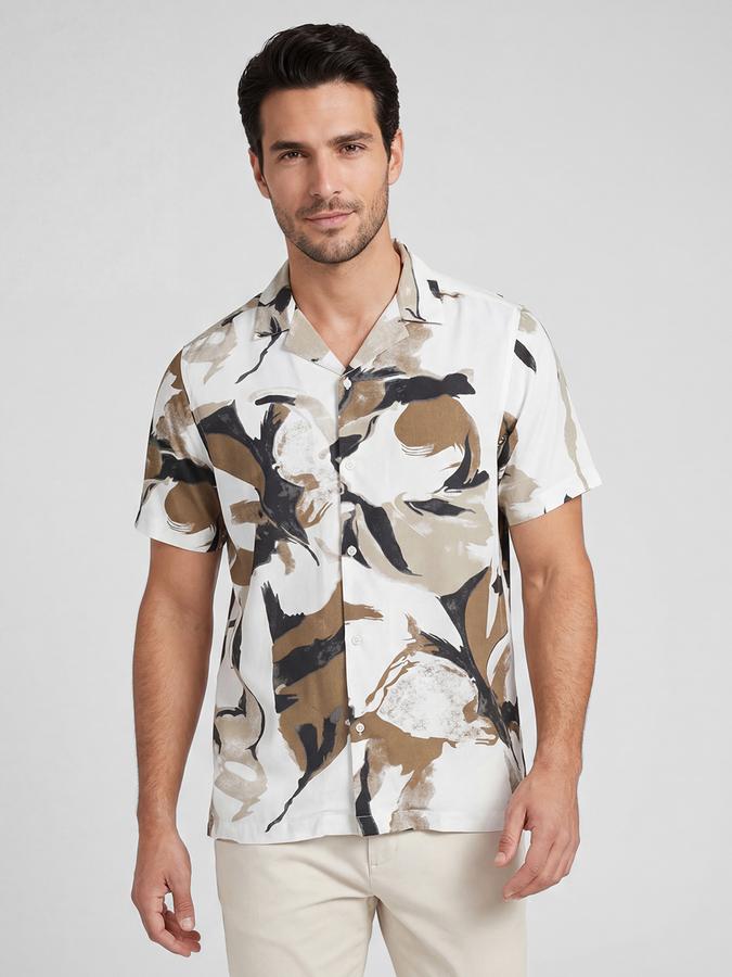 R&B Ivory Abstract Printed Men Cuban Collar Short Sleeves Shirt