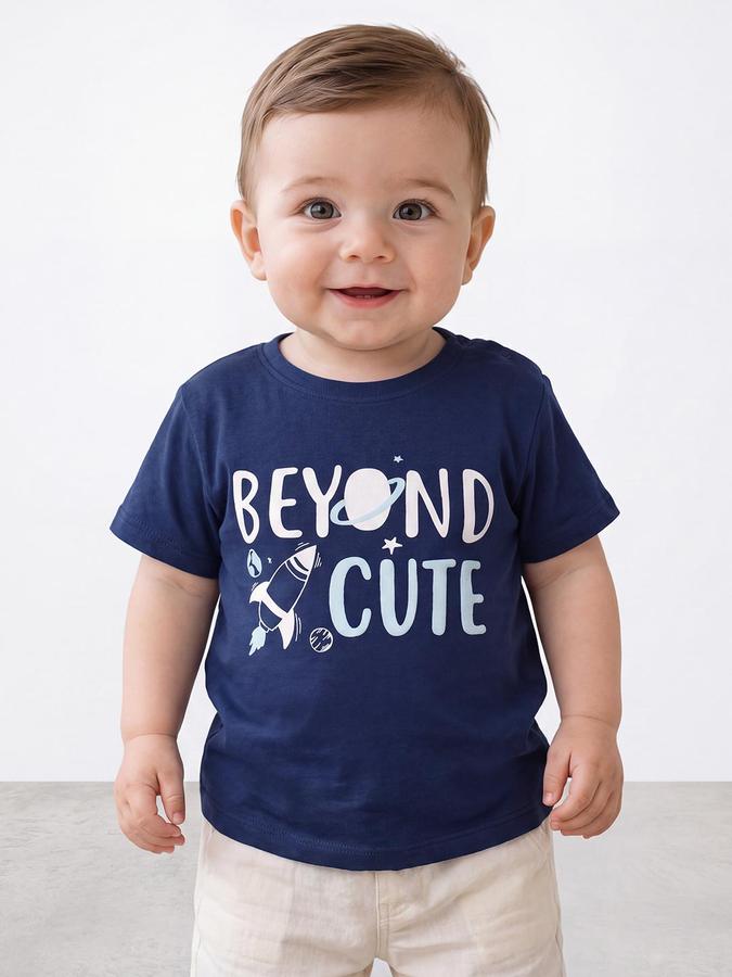 R&B Boys Navy Blue Short Sleeve Round Neck Typography Graphic Print T-Shirt