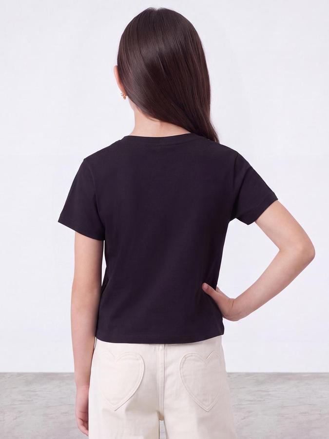 R&B Girls Black Graphic Print Short Sleeves Round Neck Pure Cotton T-Shirt