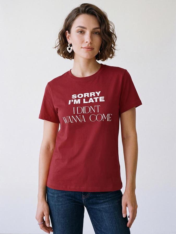 R&B Women Red Short Sleeve Round Neck Typography Graphic Print T-Shirt