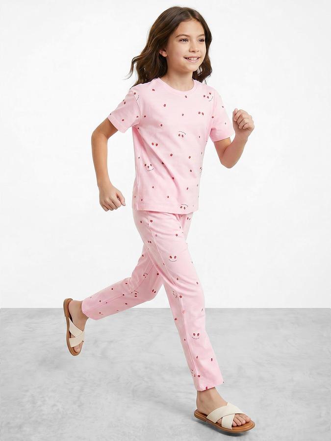 R&B Girls Pink Printed Round Neck Short Sleeves Pure Cotton T-shirt &amp; Pyjamas Set