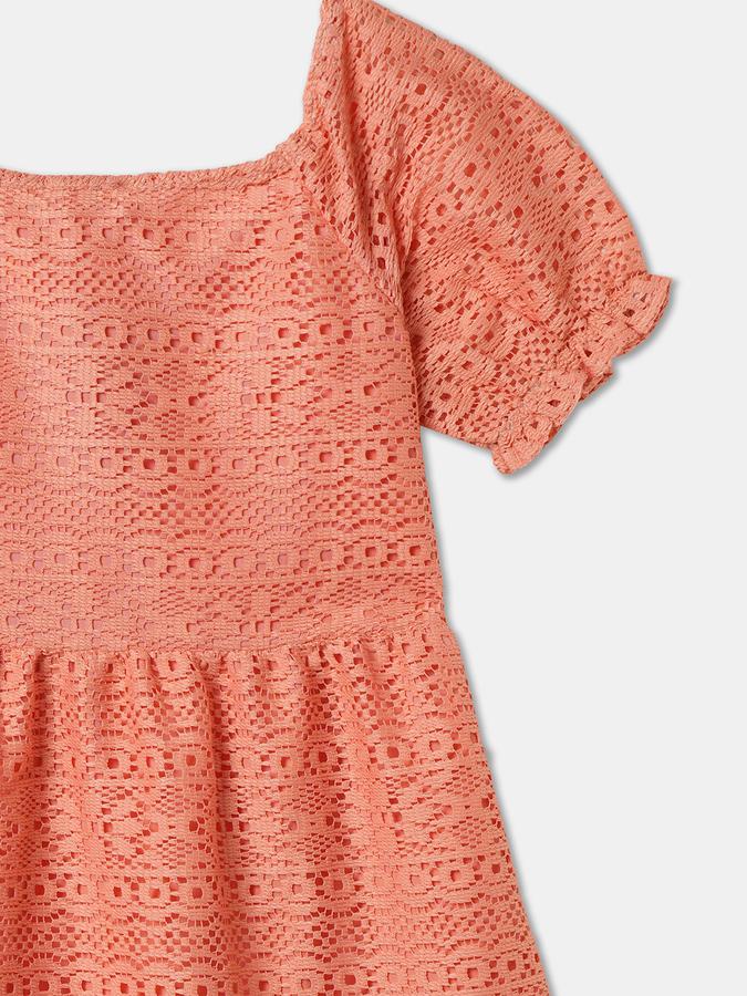 Girls Lace Ruffled Short Sleeve Boat Neck Regular Peach Dress