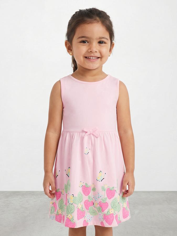 R&B Girl Pink Strawberry Print Pure Cotton Sleeveless Fit and Flare Dress